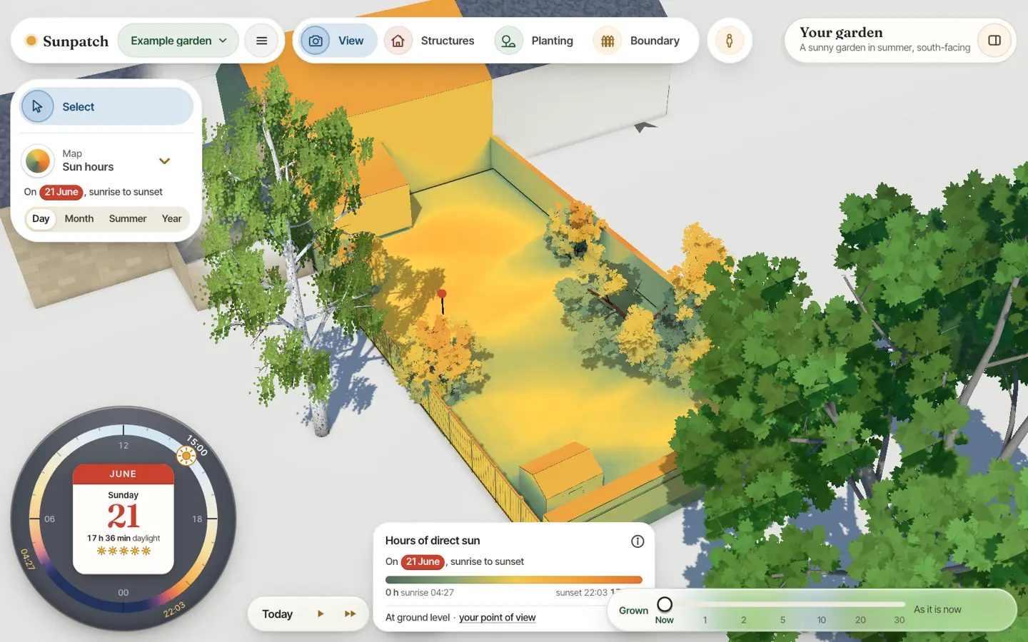 Sunpatch in a browser: a terraced house, its back garden and the trees around it, the lawn coloured orange where it gets the most sun and grey-green in the shade of the trees, with the date dial set to 21 June.